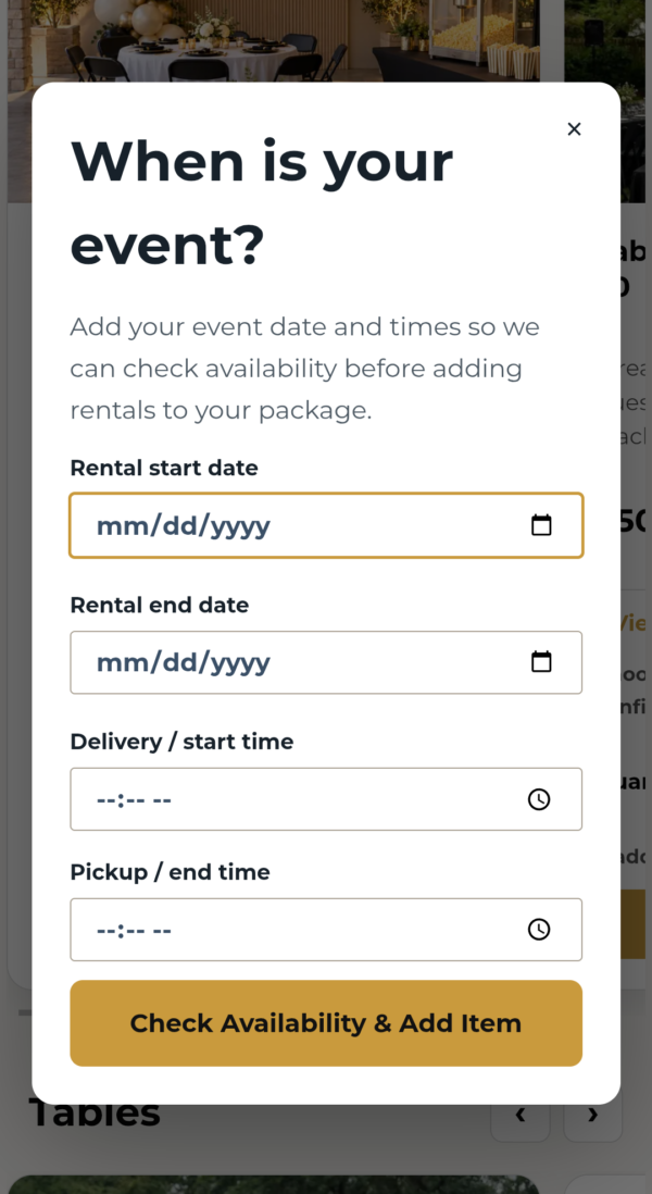 Party rental booking date popup for choosing event date and rental times