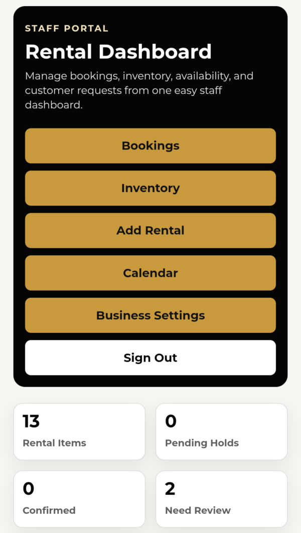 Party rental staff dashboard for managing bookings inventory calendar and rental items