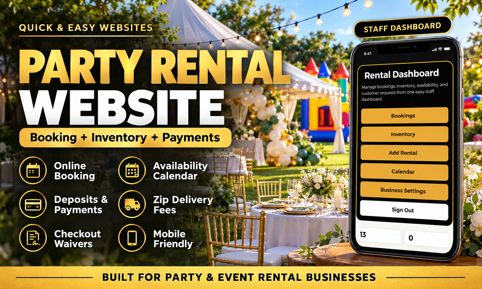 Party rental website graphic showing booking inventory payments staff dashboard and delivery fee features